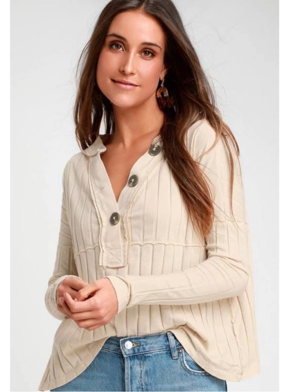We The Free Cream Ribbed Henley Long Sleeve Top with Button Placket